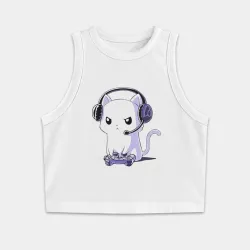 Женская укороченная майка-топ хлопок Котёнок игроман The kitten is a gamer