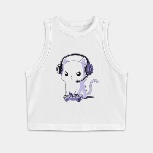 Женская укороченная майка-топ хлопок Котёнок игроман The kitten is a gamer