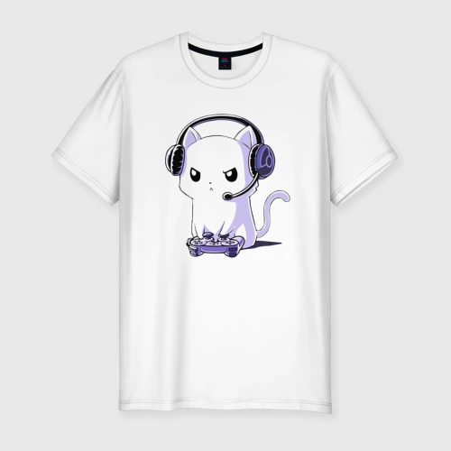 Мужская футболка хлопок Slim Котёнок игроман The kitten is a gamer