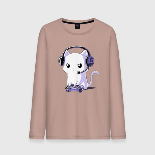 Мужской лонгслив хлопок Котёнок игроман The kitten is a gamer
