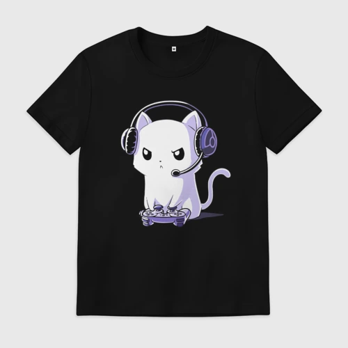 Мужская футболка хлопок с принтом Котёнок игроман The kitten is a gamer, вид спереди #2