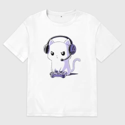 Женская футболка хлопок Oversize Котёнок игроман The kitten is a gamer