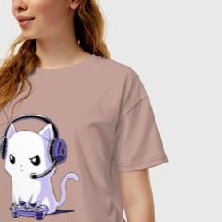 Женская футболка хлопок Oversize Котёнок игроман The kitten is a gamer - фото 2