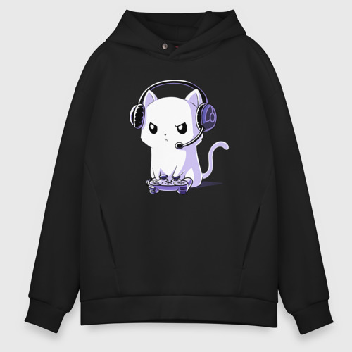 Мужское худи Oversize хлопок Котёнок игроман The kitten is a gamer, цвет черный