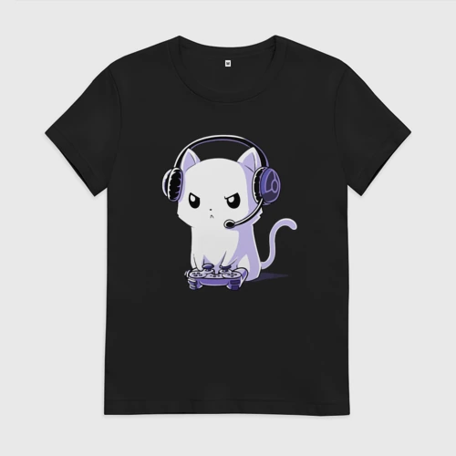 Женская футболка хлопок Котёнок игроман The kitten is a gamer
