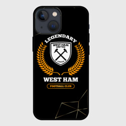 Чехол для iPhone 13 mini Лого West Ham и надпись Legendary Football Club на темном фоне