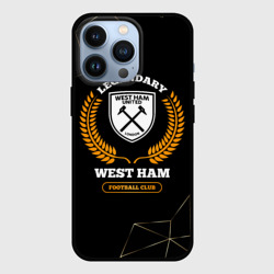 Чехол для iPhone 13 Pro Лого West Ham и надпись Legendary Football Club на темном фоне