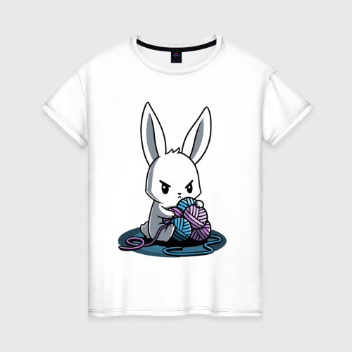 Женская футболка из хлопка с принтом Зайчонок обнял клубки The bunny hugged the balls, вид спереди №1