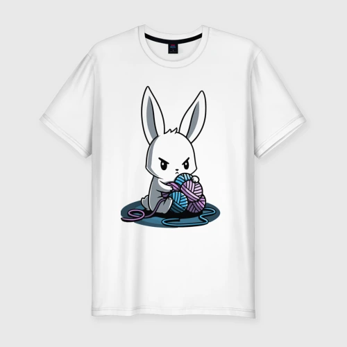 Мужская футболка хлопок Slim Зайчонок обнял клубки The bunny hugged the balls