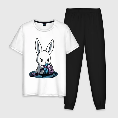 Мужская пижама с белой футболкой хлопок Зайчонок обнял клубки The bunny hugged the balls