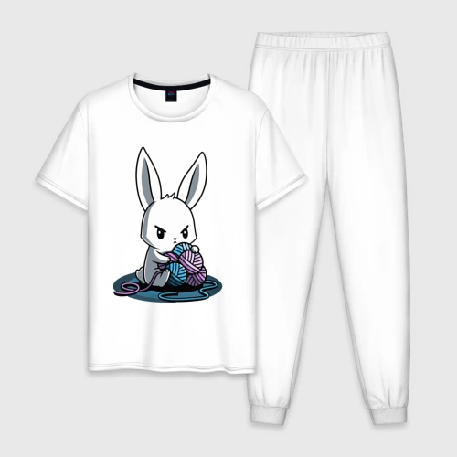 Мужская пижама с белой футболкой хлопок Зайчонок обнял клубки The bunny hugged the balls