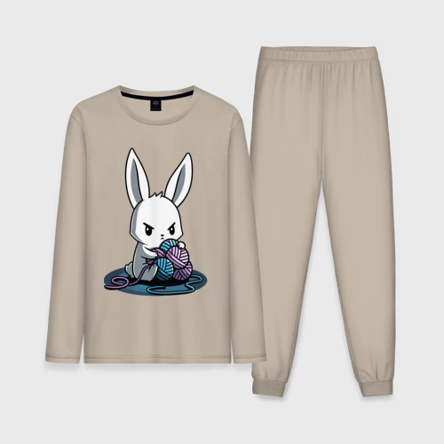 Мужская пижама с лонгсливом хлопок Зайчонок обнял клубки The bunny hugged the balls
