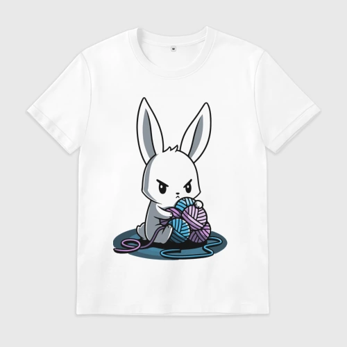 Мужская футболка хлопок Зайчонок обнял клубки The bunny hugged the balls