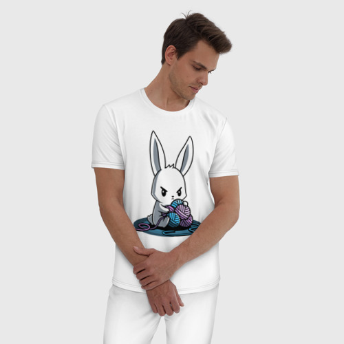 Мужская пижама хлопок с принтом Зайчонок обнял клубки / The bunny hugged the balls, фото на моделе #1