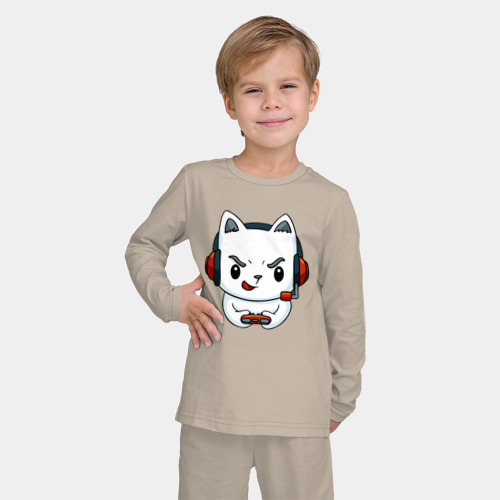 Детская пижама с лонгсливом хлопок  The cat is a cyber player, цвет миндальный - фото 3