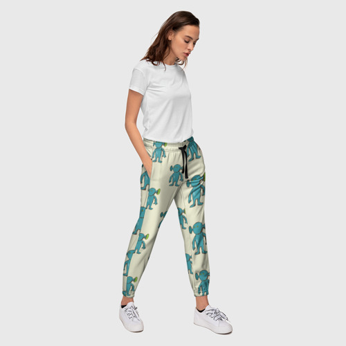 Женские брюки 3D с принтом Милые зеленые человечки, вид сбоку #3