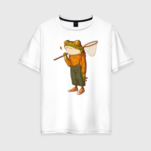 Женская футболка из хлопка оверсайз с принтом Летняя лягуха с сачком, вид спереди №1
