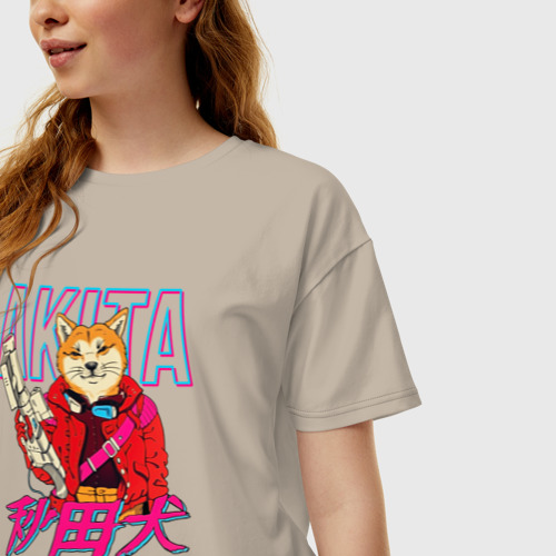 Женская футболка хлопок Oversize Japanese Akita Inu, цвет миндальный - фото 3