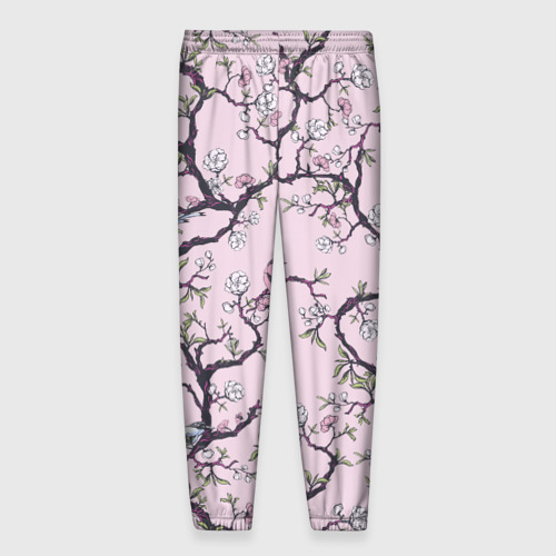 Мужские брюки 3D с принтом Цветы Сакуры и Птицы На Ветках, вид сзади #1