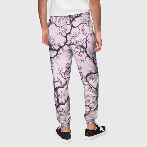 Мужские брюки 3D с принтом Цветы Сакуры и Птицы На Ветках, вид сзади #2