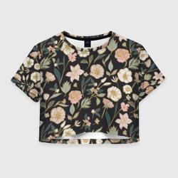 Женская футболка Crop-top 3D Цветы Астры На Чёрном Фоне