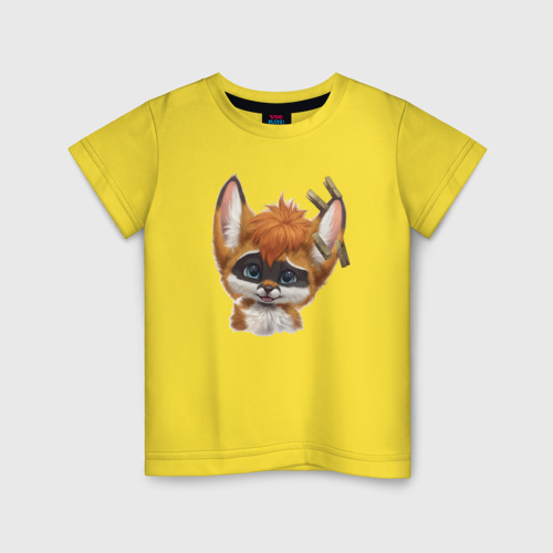Детская футболка хлопок Прикольный лисёнок с прищепками на левом ухе, цвет желтый