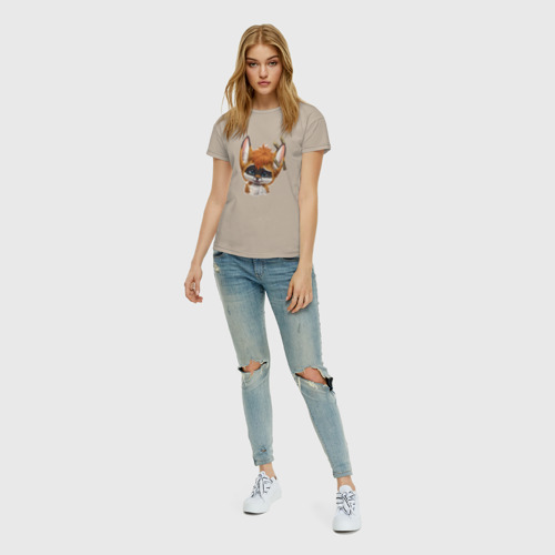Женская футболка хлопок Прикольный лисёнок с прищепками на левом ухе, цвет миндальный - фото 5
