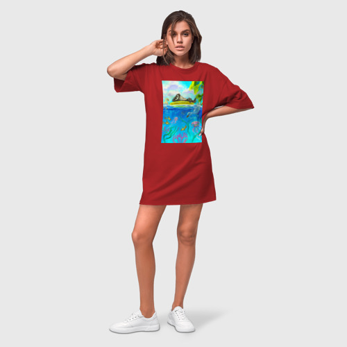 Платье-футболка хлопок Енот и утки на летнем отдыхе, цвет красный - фото 3