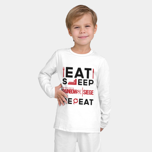 Детская пижама с лонгсливом хлопок Надпись: Eat Sleep Rainbow Six Repeat, цвет белый - фото 3