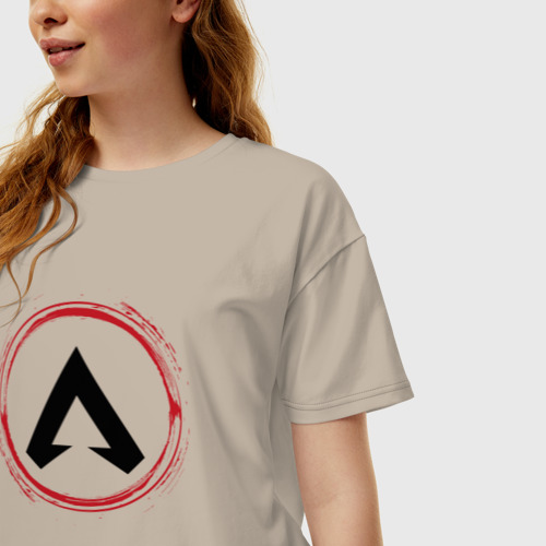 Женская футболка хлопок Oversize с принтом Символ Apex Legends и красная краска вокруг, фото на моделе #1