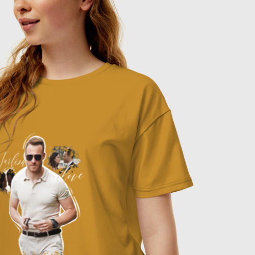Женская футболка хлопок Oversize Болат, цвет горчичный - фото 3