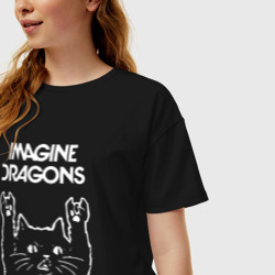 Футболка с принтом Imagine Dragons Рок кот для женщины, вид на модели спереди №2. Цвет основы: черный