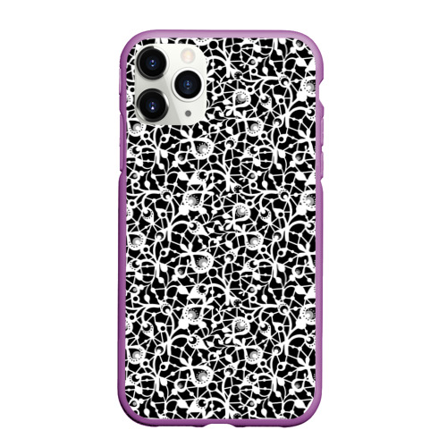 Чехол для iPhone 11 Pro Max матовый Черно-белый кружевной ажурный узор , цвет фиолетовый