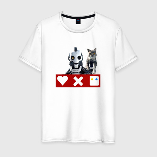 Мужская футболка из хлопка с принтом Love death and robots белый робот с котом, вид спереди №1