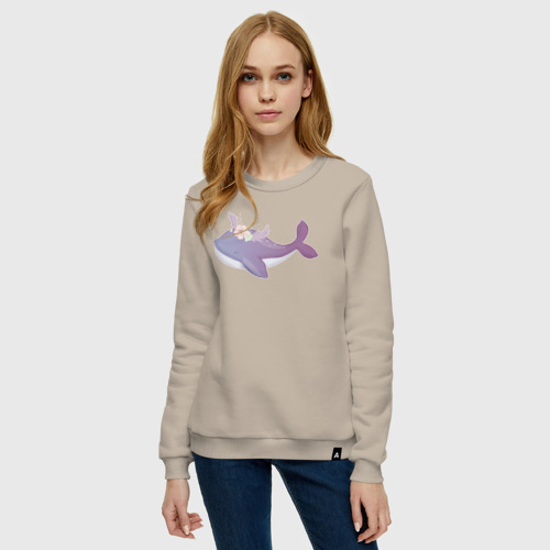 Женский свитшот хлопок Милый кит с цветами, цвет миндальный - фото 3
