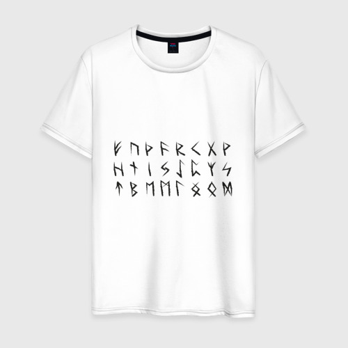 Мужская футболка хлопок с принтом Руны, скандинавская мифология, полный набор из 24 символов, вид спереди #2