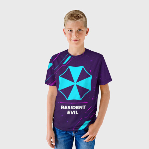 Детская футболка 3D с принтом Символ Resident Evil в неоновых цветах на темном фоне, фото на моделе #1