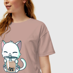 Женская футболка хлопок Oversize Котик с Бабл ти - фото 2