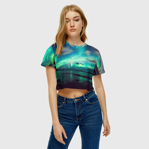 Женская футболка Crop-top 3D Aurora borealis, цвет 3D печать - фото 3