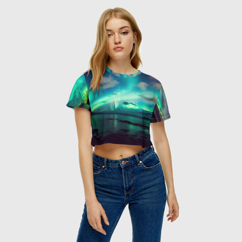 Женская футболка Crop-top 3D Aurora borealis, цвет 3D печать - фото 4