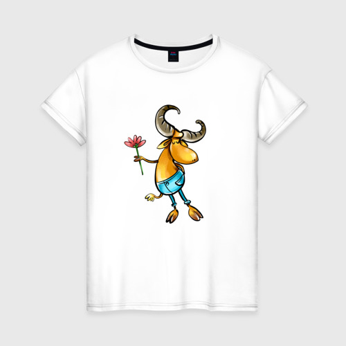Женская футболка из хлопка с принтом Козерог с цветочком, вид спереди №1