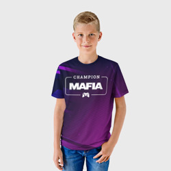 Футболка с принтом Mafia Gaming Champion: рамка с лого и джойстиком на неоновом фоне для ребенка, вид на модели спереди №2. Цвет основы: белый