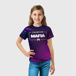 Футболка с принтом Mafia Gaming Champion: рамка с лого и джойстиком на неоновом фоне для ребенка, вид на модели спереди №3. Цвет основы: белый