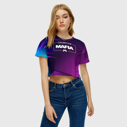Женская футболка Crop-top 3D Mafia Gaming Champion: рамка с лого и джойстиком на неоновом фоне, цвет 3D печать - фото 4