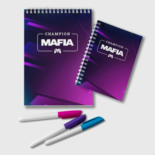 Блокнот Mafia Gaming Champion: рамка с лого и джойстиком на неоновом фоне, цвет точка