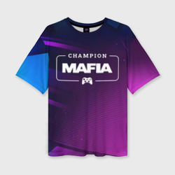 Женская футболка oversize 3D Mafia Gaming Champion: рамка с лого и джойстиком на неоновом фоне