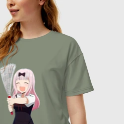 Женская футболка хлопок Oversize Госпожа Кагуя Love is war Синомия с веером - фото 2