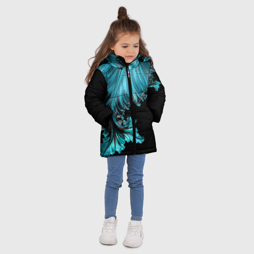Зимняя куртка для девочек 3D Чёрно-голубой неоновый фрактал, цвет светло-серый - фото 5