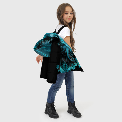Зимняя куртка для девочек 3D Чёрно-голубой неоновый фрактал, цвет светло-серый - фото 6