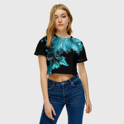 Женская футболка Crop-top 3D Чёрно-голубой неоновый фрактал - фото 2